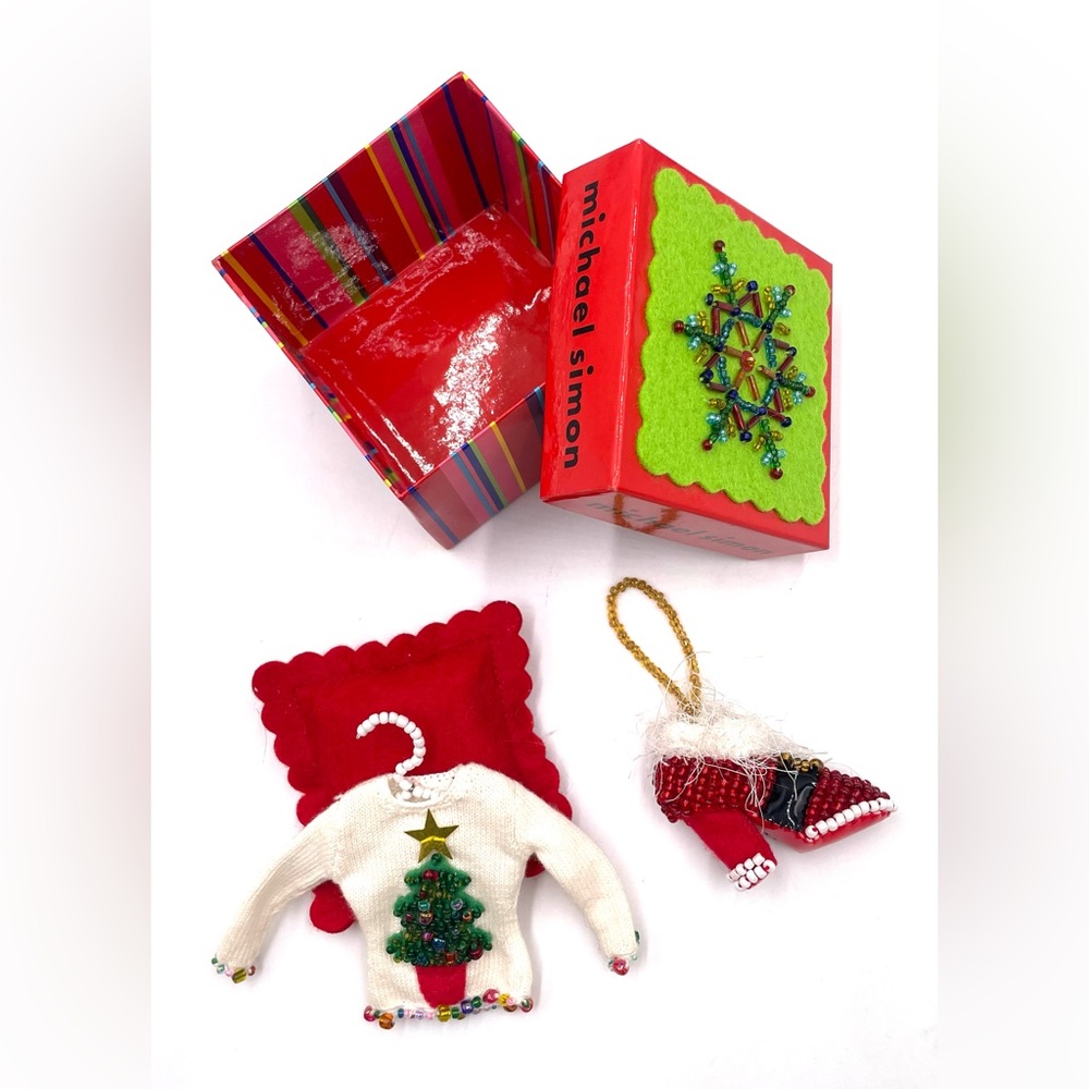 2pc Michael Simon Christmas Tree Beaded Sweater, Santa Shoe Purse Ornament w Box
